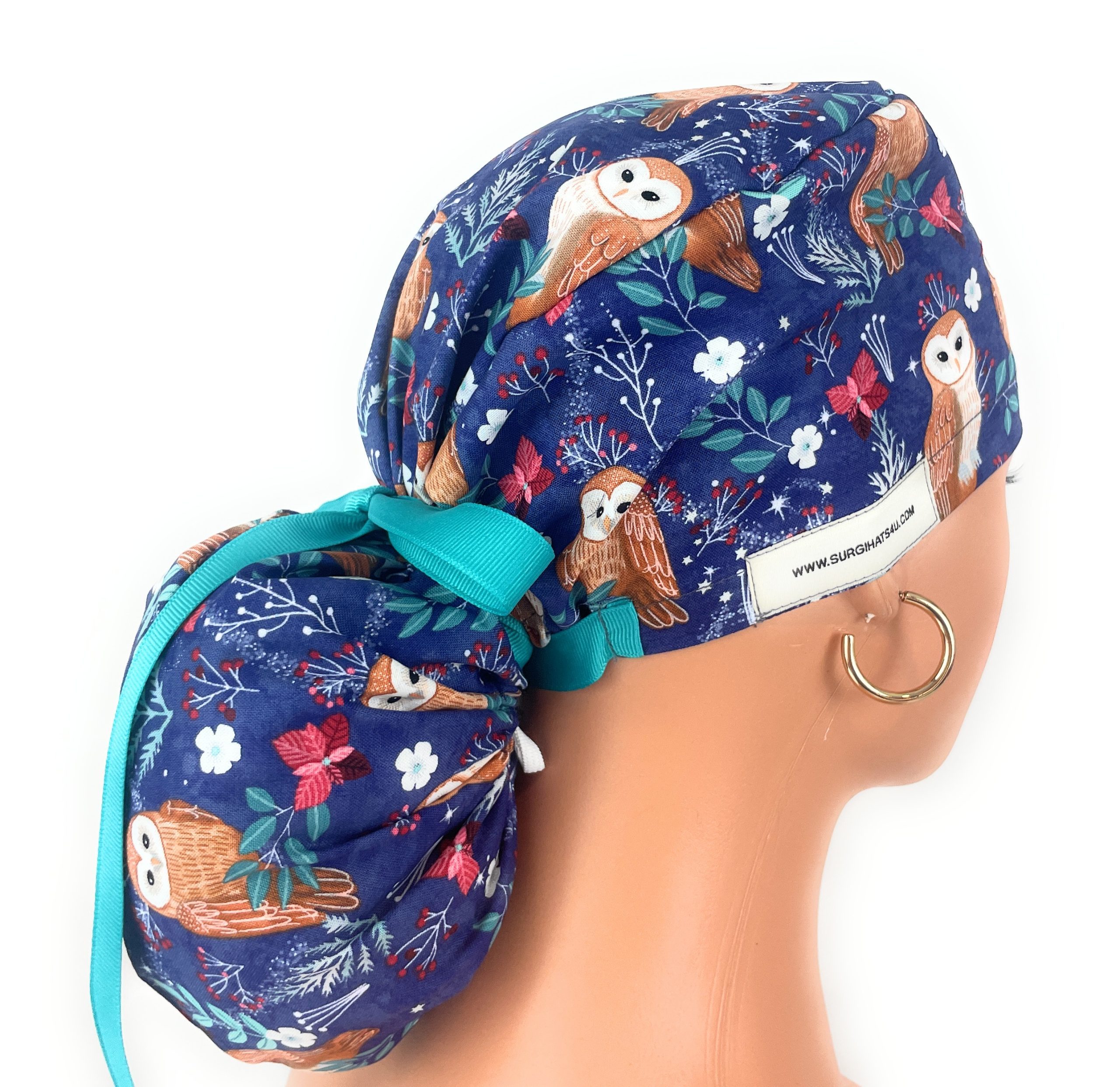 Ponytail Medical Scrub Cap - Navy Blue with Owl Pattern, Winter Forest Theme - Image 7