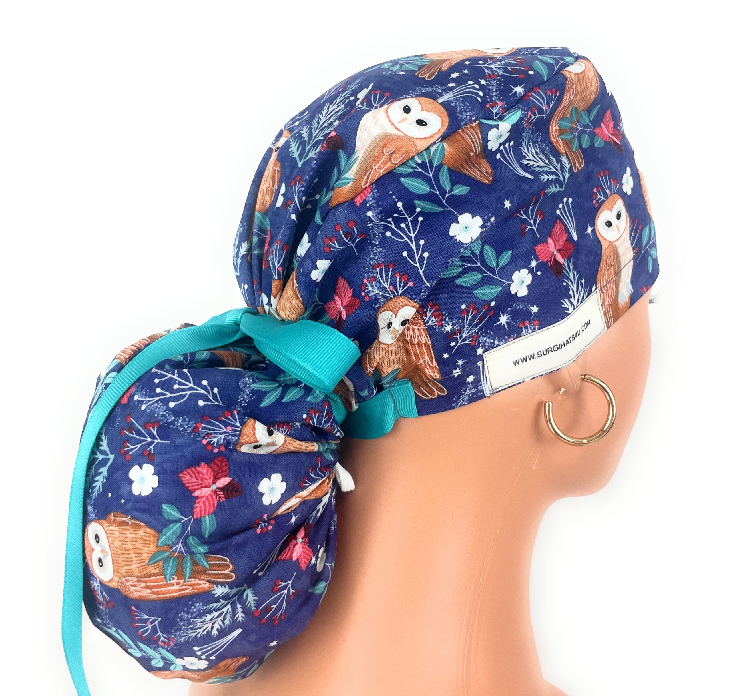 Ponytail Medical Scrub Cap - Navy Blue with Owl Pattern, Winter Forest Theme - Image 5