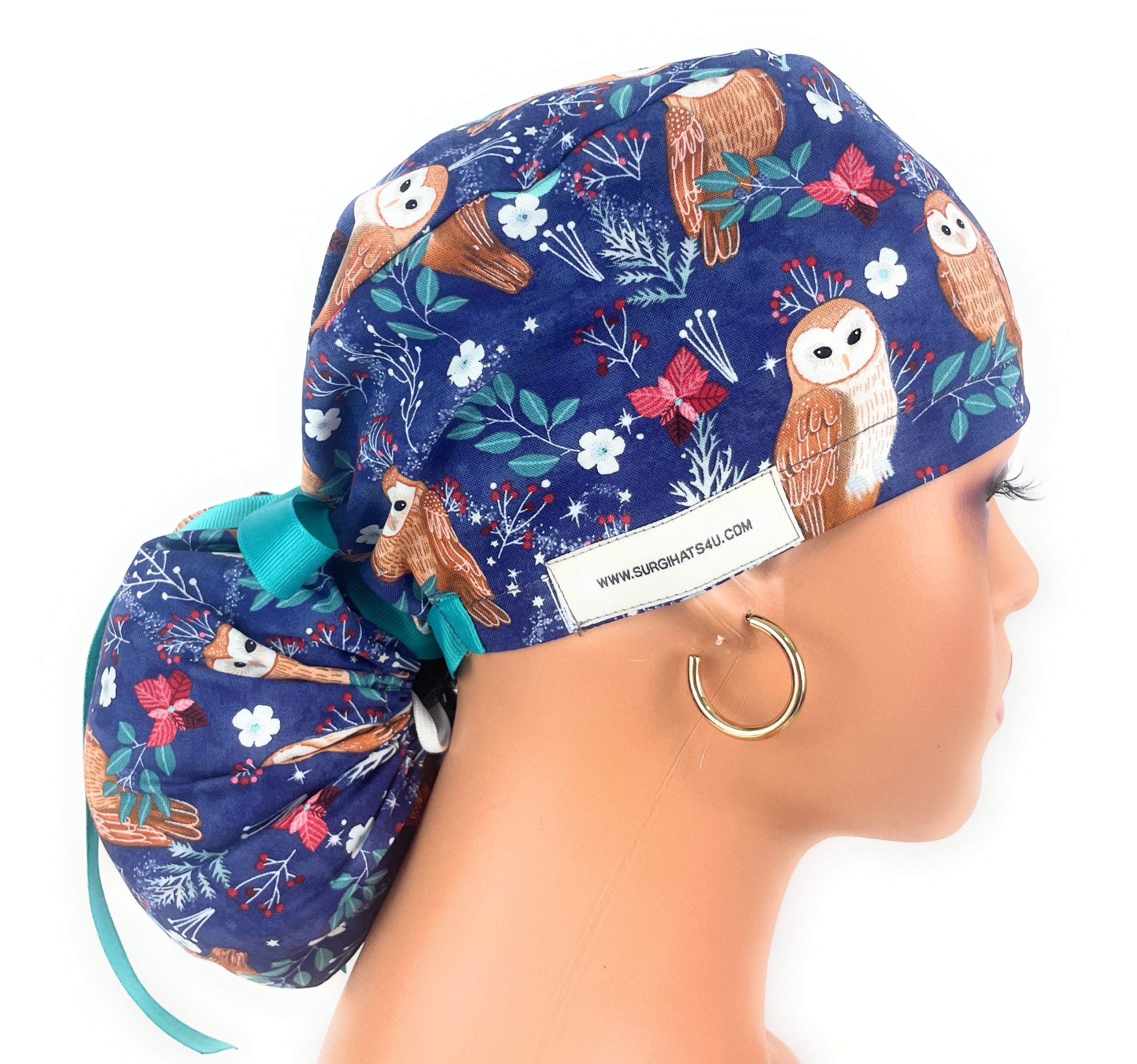 Ponytail Medical Scrub Cap - Navy Blue with Owl Pattern, Winter Forest Theme - Image 4