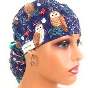 Ponytail Medical Scrub Cap - Navy Blue with Owl Pattern, Winter Forest Theme