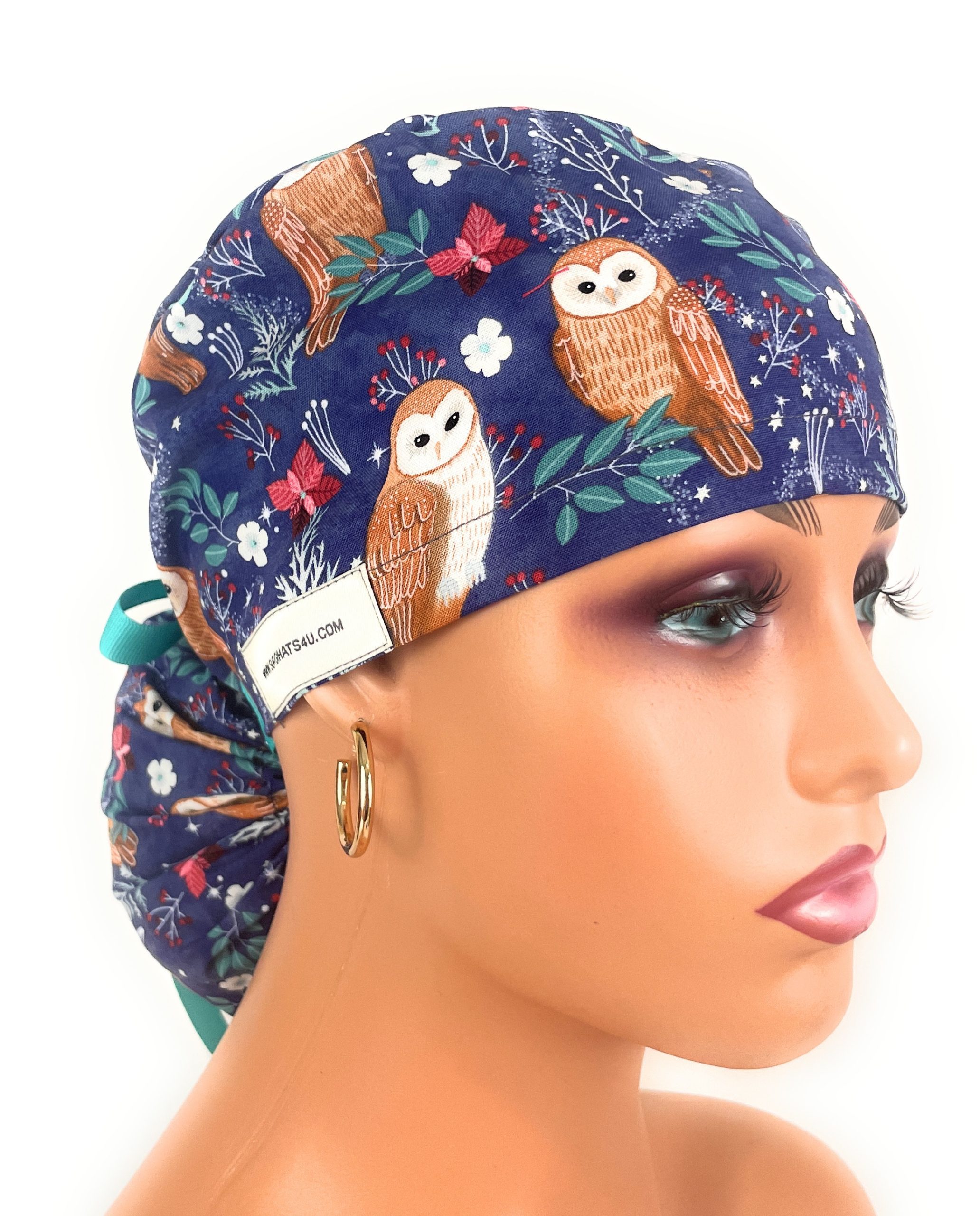 Ponytail Medical Scrub Cap - Navy Blue with Owl Pattern, Winter Forest Theme