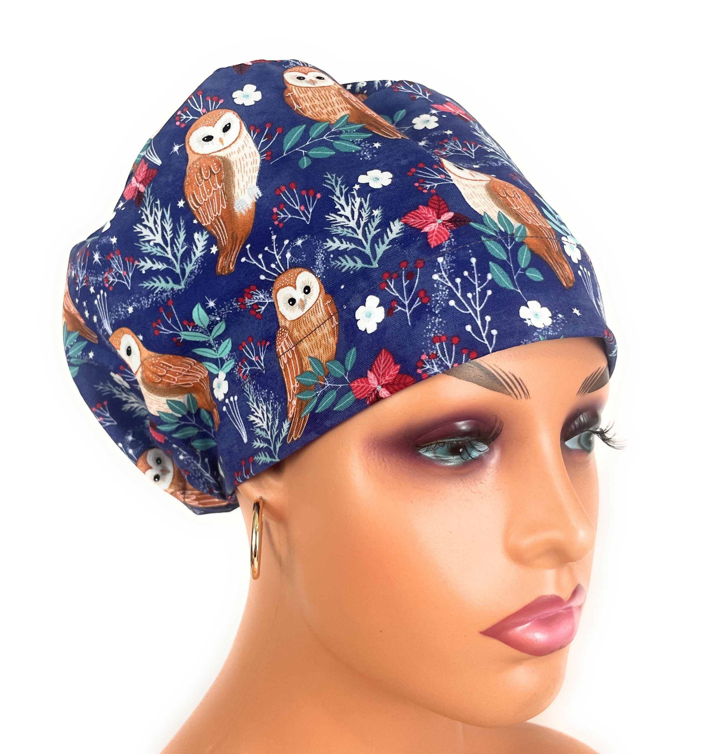 European Style Scrub Cap – (Grosgrain Ribbon) (No Ribbon) Navy Blue Owl Print Pattern,Hospital Work Headwear