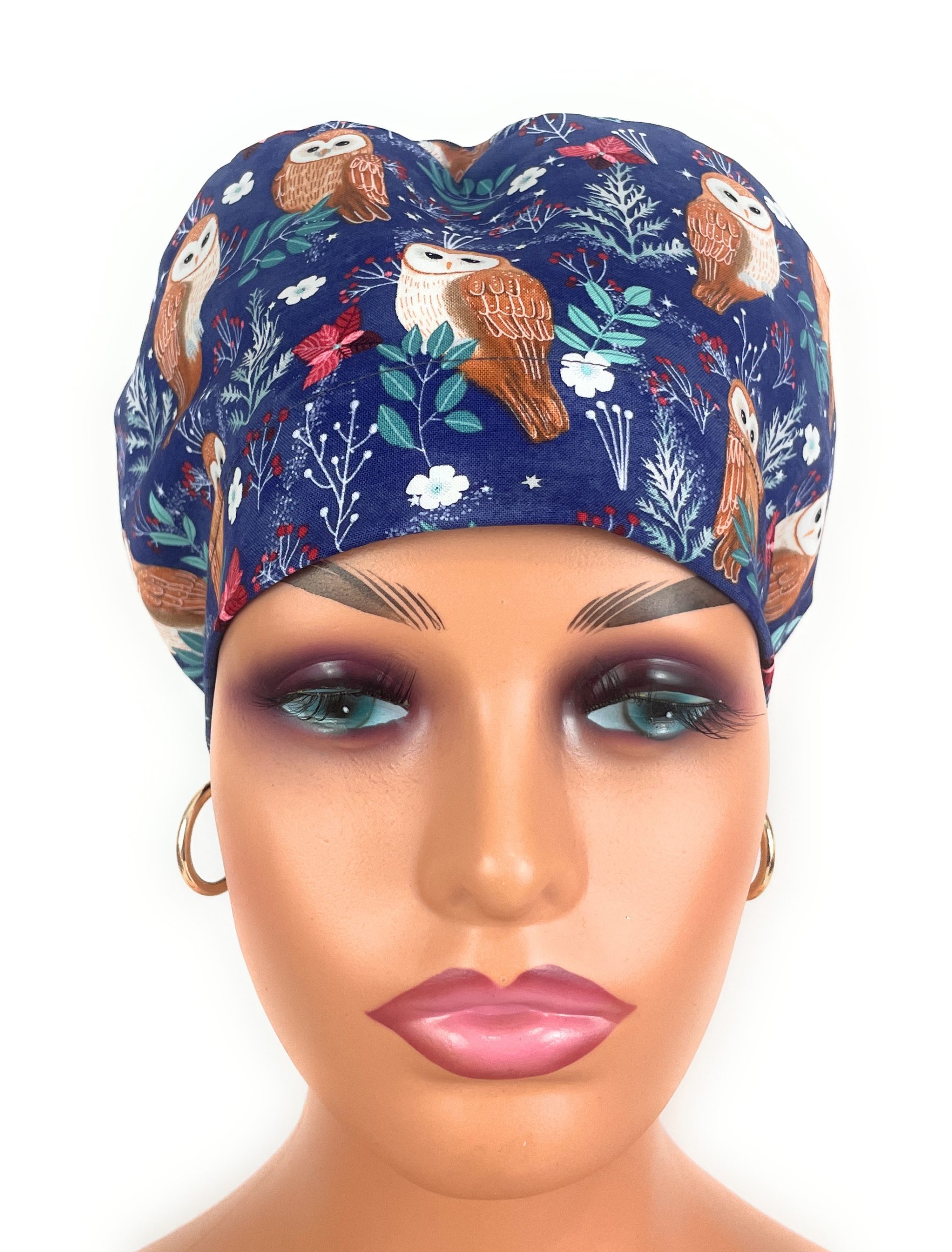 European Style Scrub Cap – (Grosgrain Ribbon) (No Ribbon) Navy Blue Owl Print Pattern,Hospital Work Headwear - Image 3
