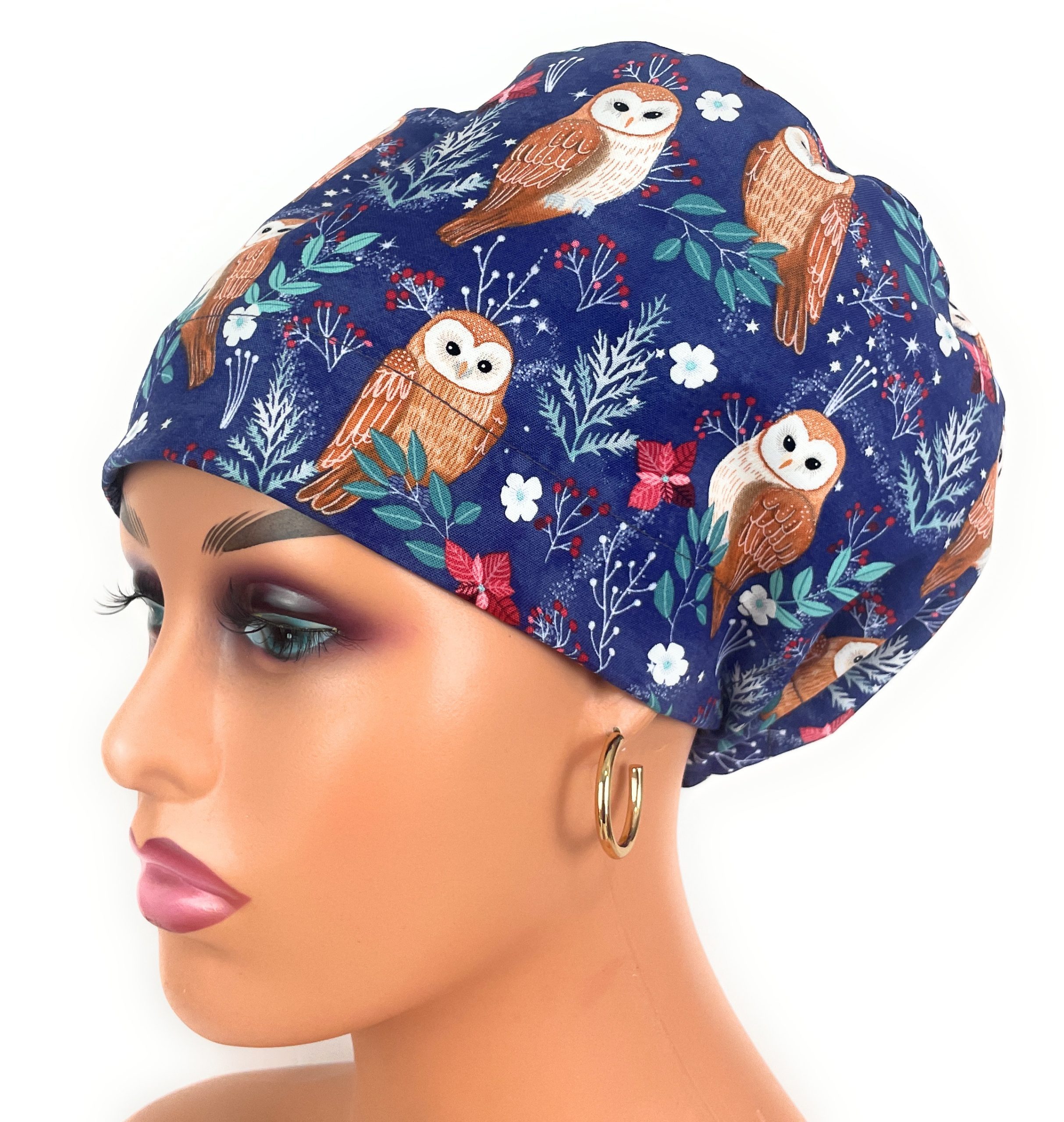 European Style Scrub Cap – (Grosgrain Ribbon) (No Ribbon) Navy Blue Owl Print Pattern,Hospital Work Headwear - Image 2