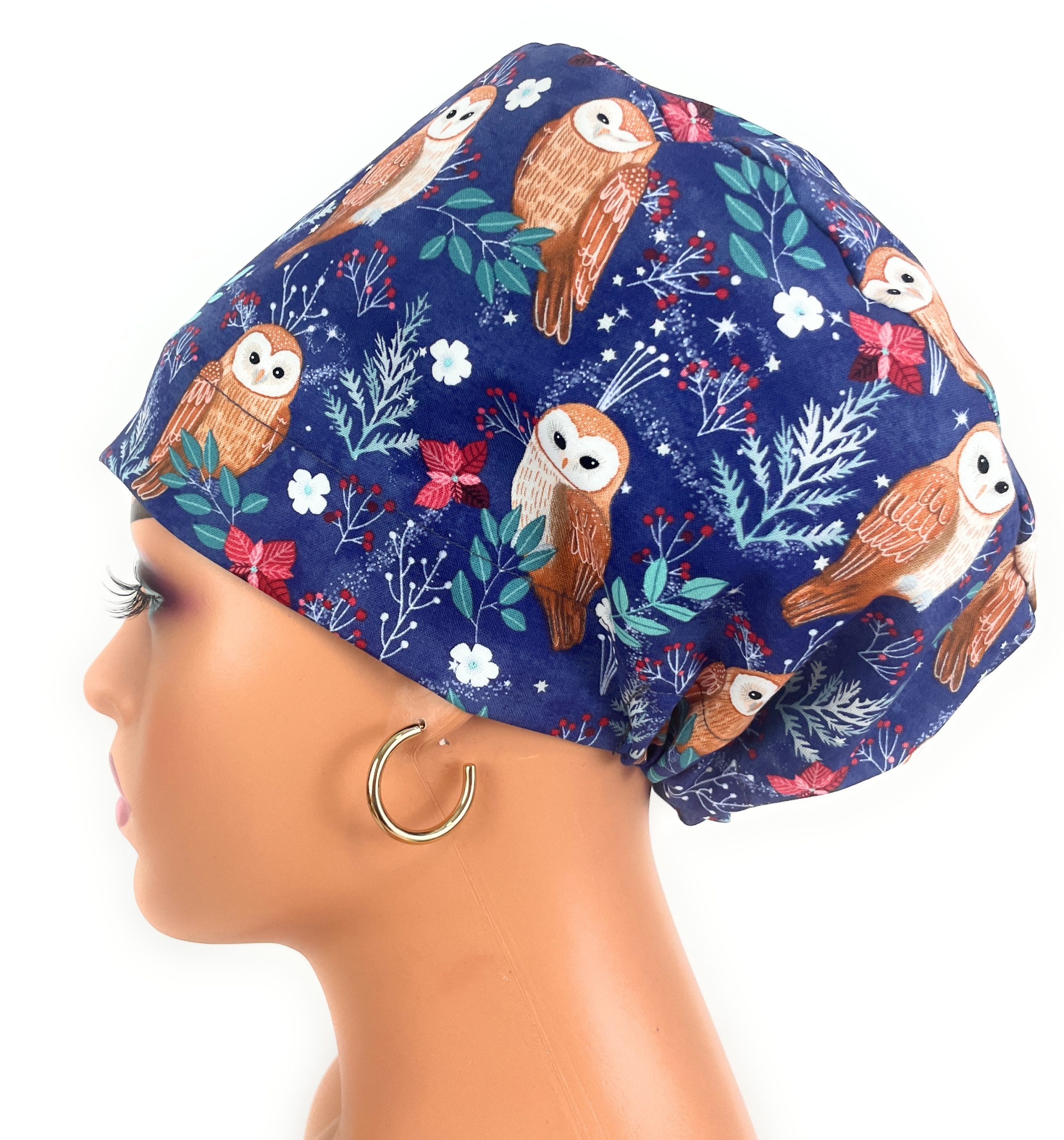 European Style Scrub Cap – (Grosgrain Ribbon) (No Ribbon) Navy Blue Owl Print Pattern,Hospital Work Headwear - Image 5