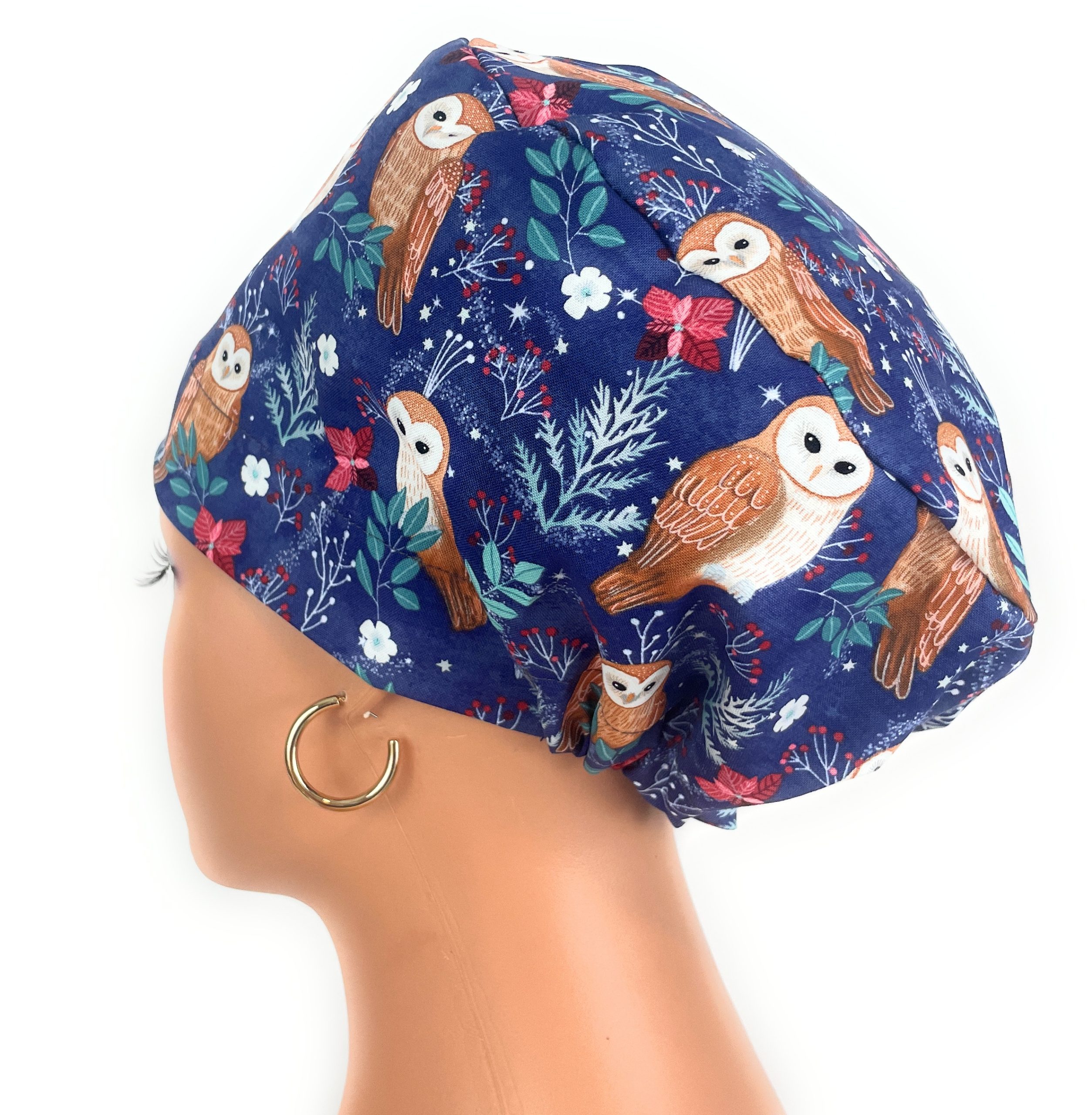 European Style Scrub Cap – (Grosgrain Ribbon) (No Ribbon) Navy Blue Owl Print Pattern,Hospital Work Headwear - Image 6