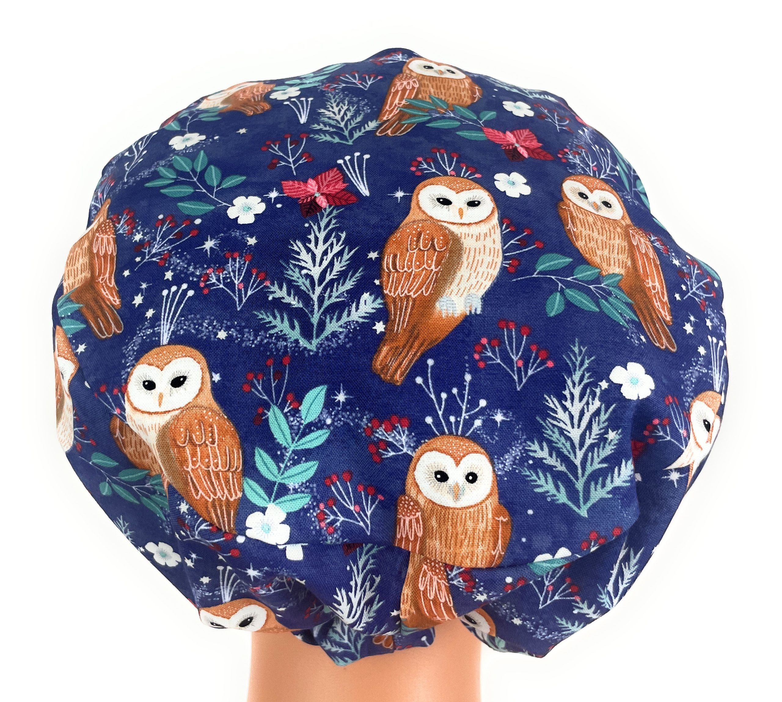 European Style Scrub Cap – (Grosgrain Ribbon) (No Ribbon) Navy Blue Owl Print Pattern,Hospital Work Headwear - Image 7