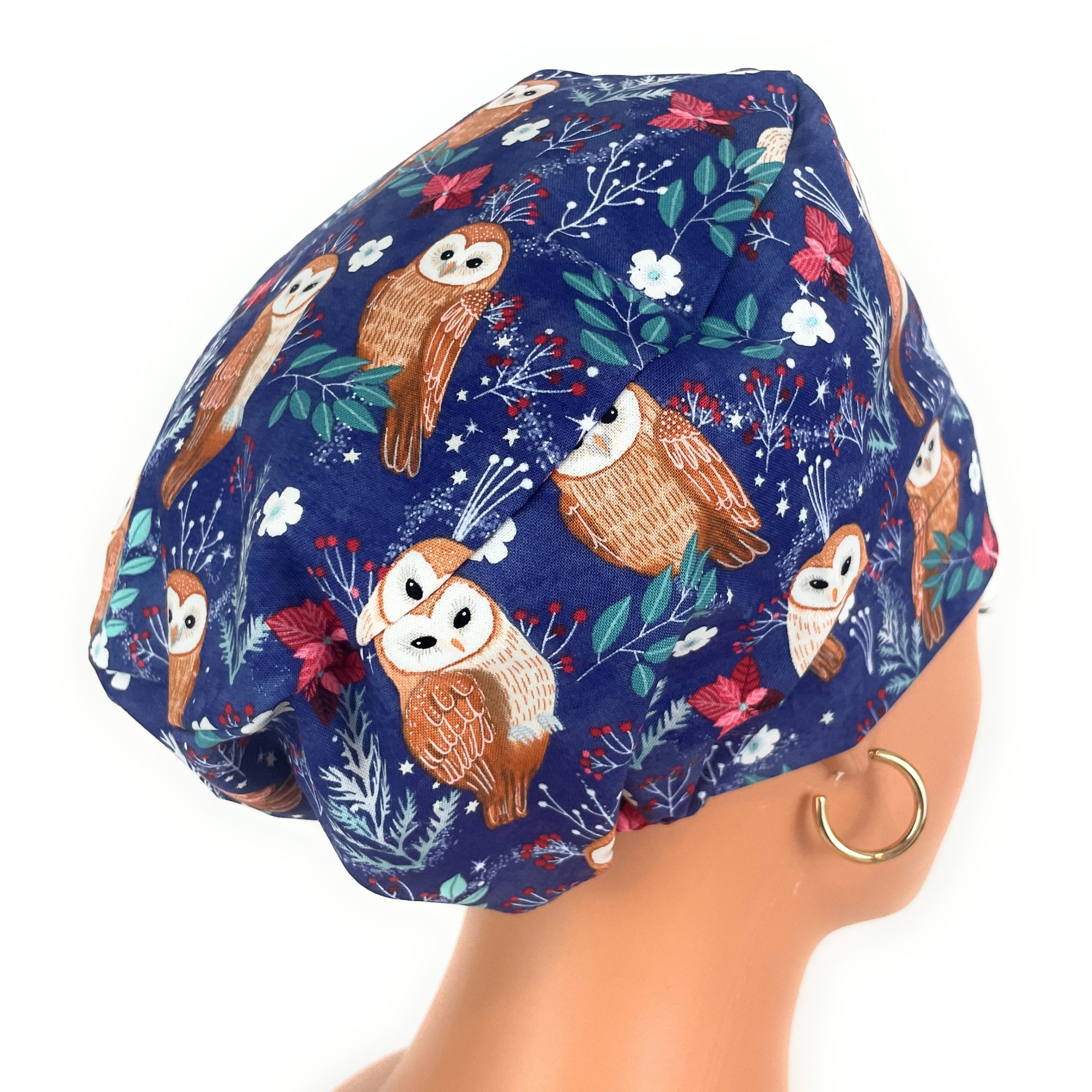 European Style Scrub Cap – (Grosgrain Ribbon) (No Ribbon) Navy Blue Owl Print Pattern,Hospital Work Headwear - Image 8