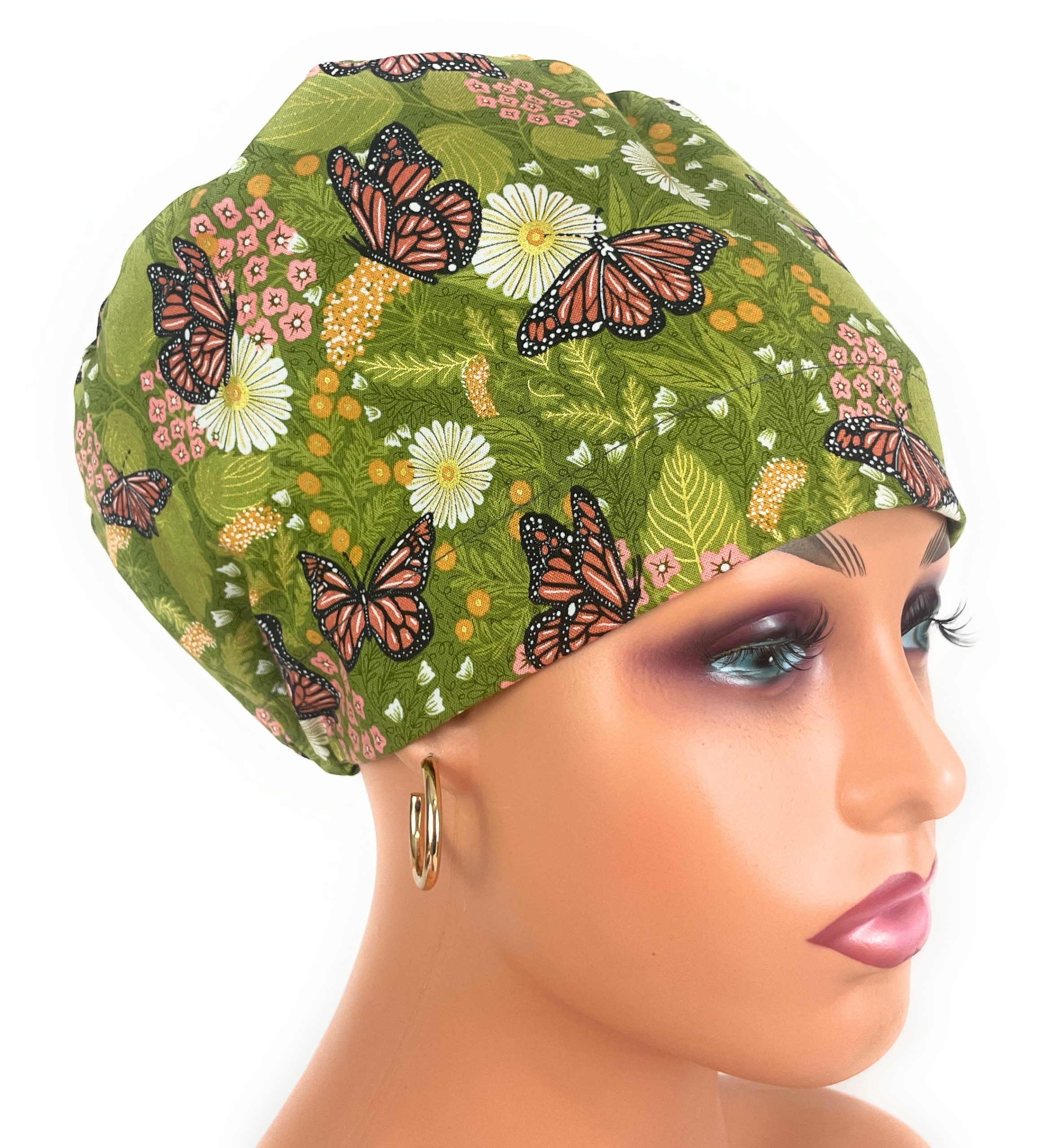 European Style Scrub Cap – (Grosgrain Ribbon) (No Ribbon) Summer Butterfly in Porcelain Metallic