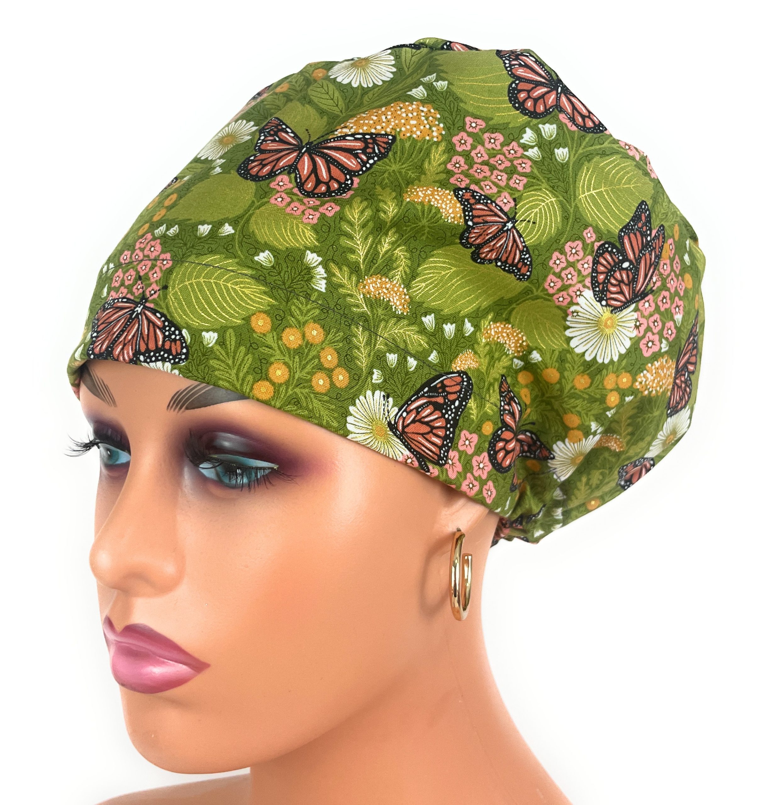 European Style Scrub Cap – (Grosgrain Ribbon) (No Ribbon) Summer Butterfly in Porcelain Metallic - Image 4