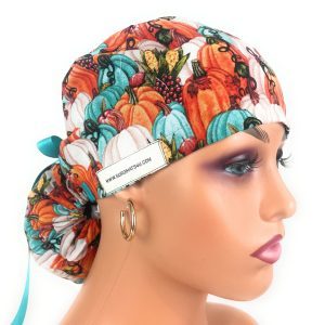 Ponytail Medical Scrub Cap - Autumn Vintage Pumpkins