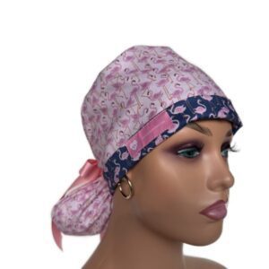 Turn Up Ponytail Medical Scrub Cap-Flamingos Pink/Navy