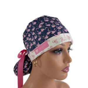 Turn Up Ponytail Medical Scrub Cap-Flamingos/Navy/Bows