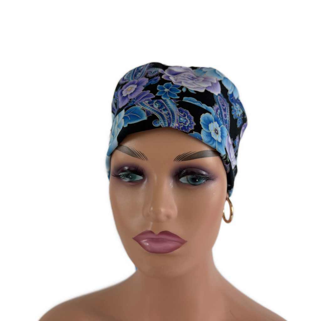 Turn Up Ponytail Medical Scrub Cap-Blooming Paisleys - Image 2