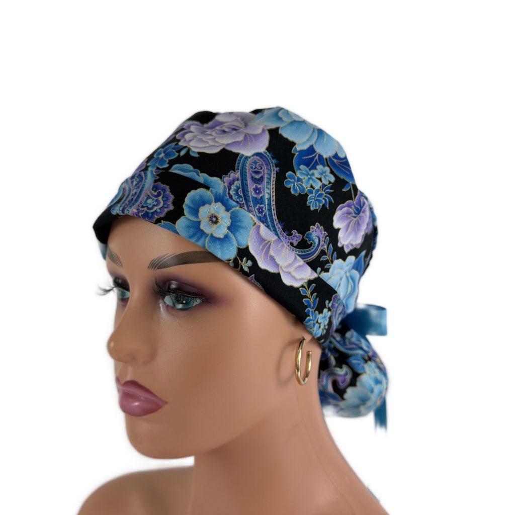 Turn Up Ponytail Medical Scrub Cap-Blooming Paisleys - Image 3