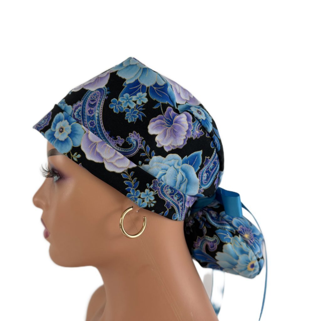 Turn Up Ponytail Medical Scrub Cap-Blooming Paisleys - Image 4