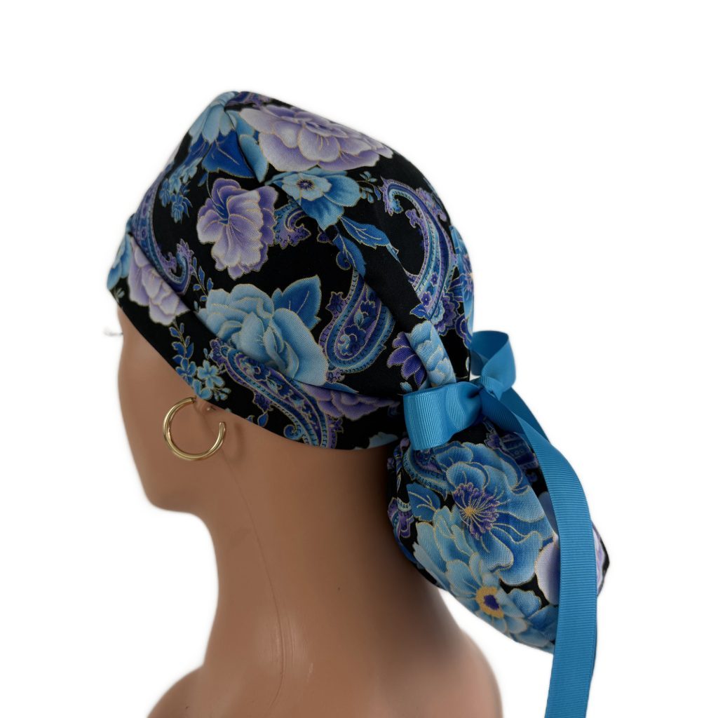 Turn Up Ponytail Medical Scrub Cap-Blooming Paisleys - Image 7