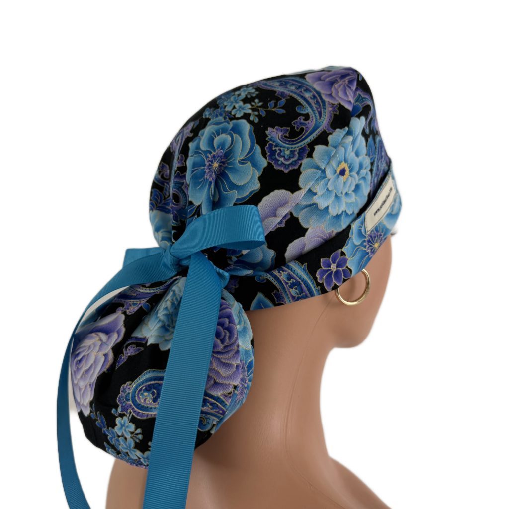 Turn Up Ponytail Medical Scrub Cap-Blooming Paisleys - Image 5