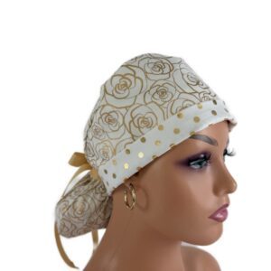Turn Up Ponytail Medical Scrub Cap-Golden Flowers