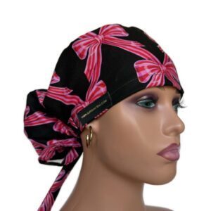 Ponytail Medical Scrub Cap – Sateen Lined - Festive Bows/Pink