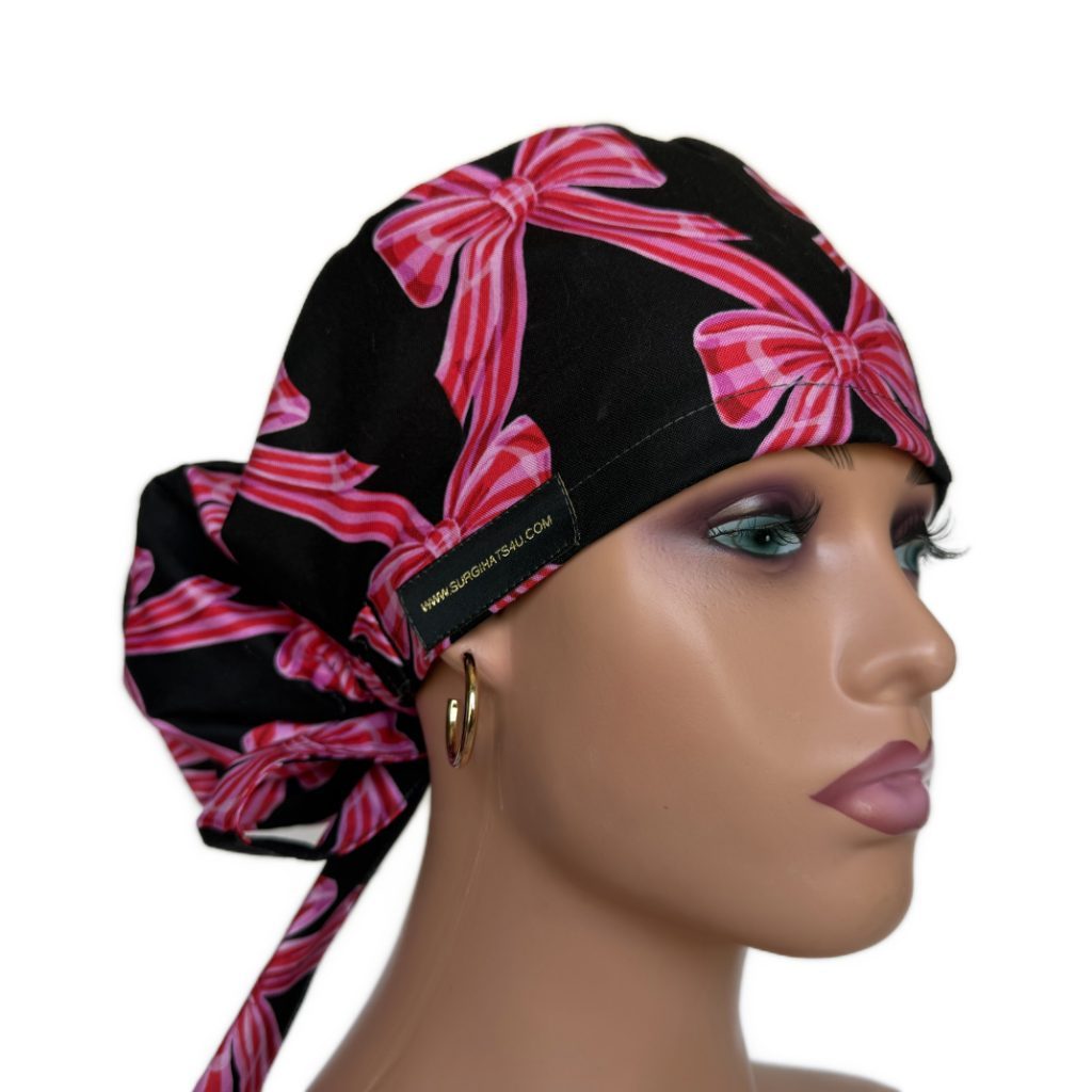 Ponytail Medical Scrub Cap – Sateen Lined - Festive Bows/Pink