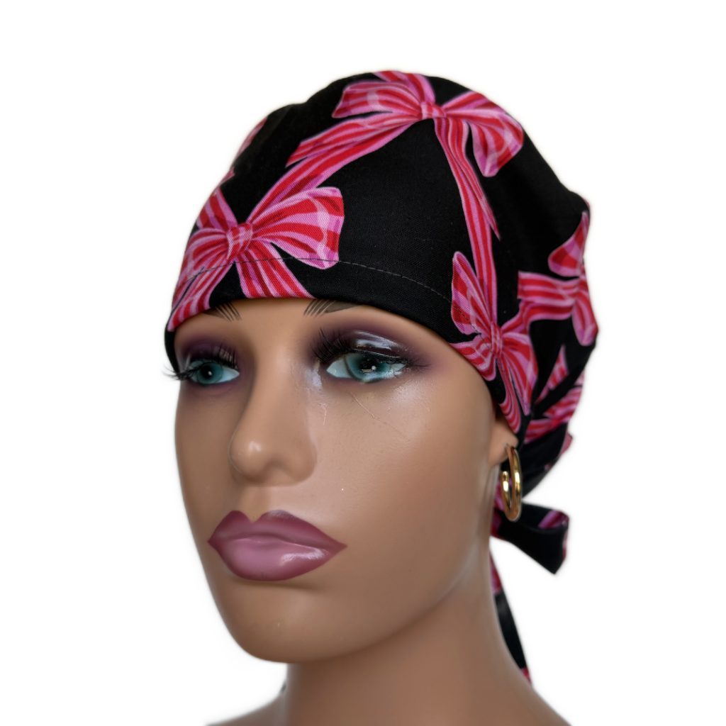 Ponytail Medical Scrub Cap – Sateen Lined - Festive Bows/Pink - Image 2