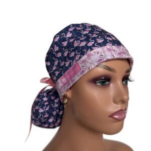 Turn Up Ponytail Medical Scrub Cap - Flamingos/Navy/Pink