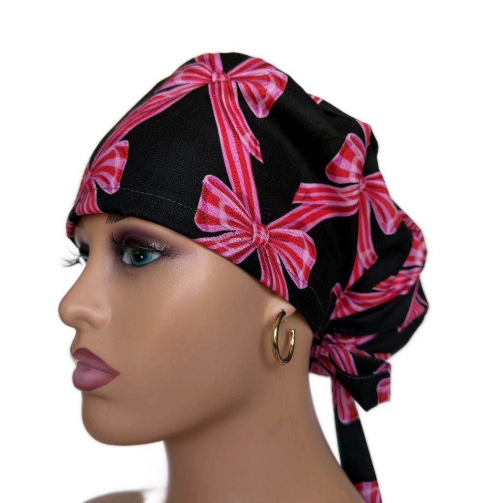 Ponytail Medical Scrub Cap – Sateen Lined - Festive Bows/Pink - Image 3
