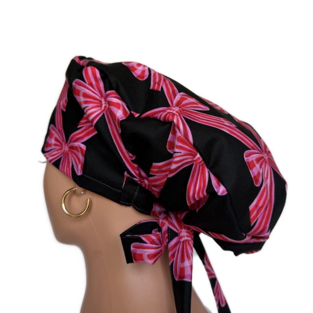 Ponytail Medical Scrub Cap – Sateen Lined - Festive Bows/Pink - Image 4