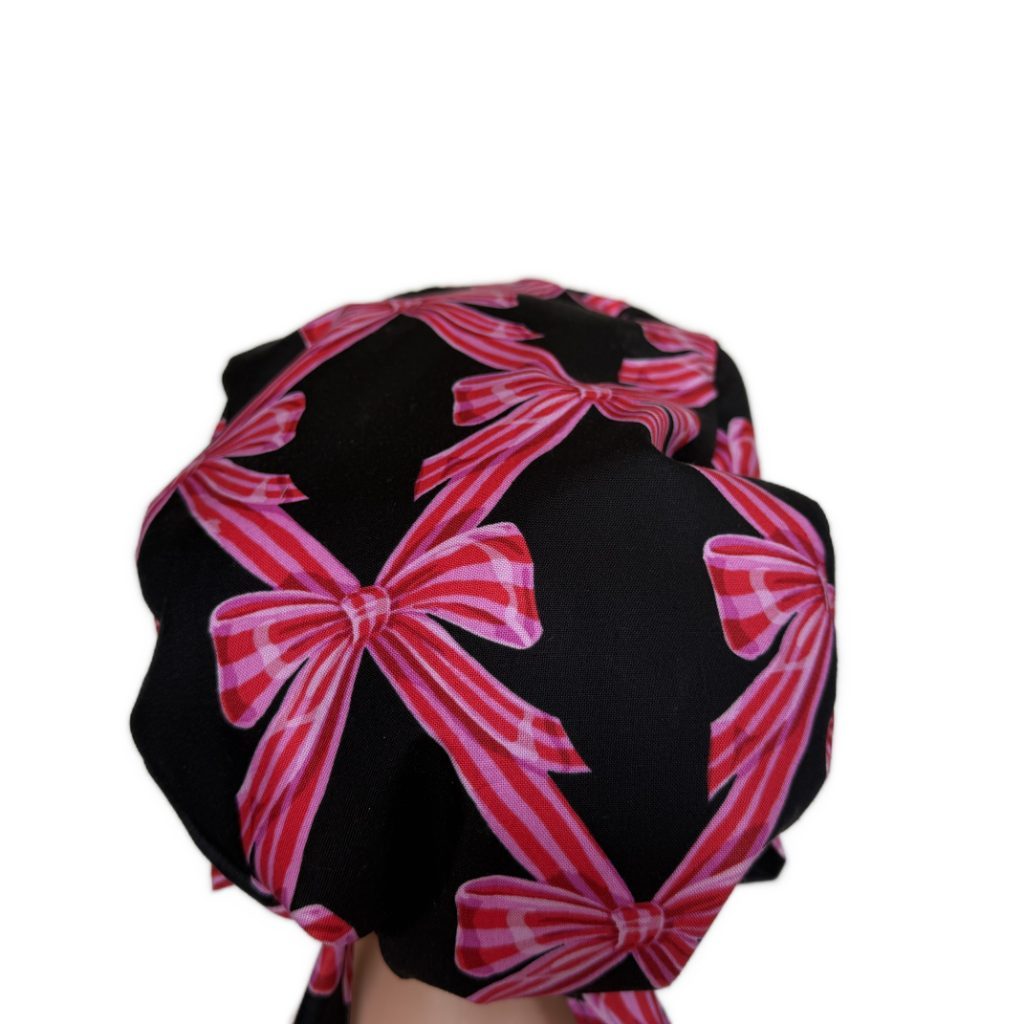 Ponytail Medical Scrub Cap – Sateen Lined - Festive Bows/Pink - Image 5