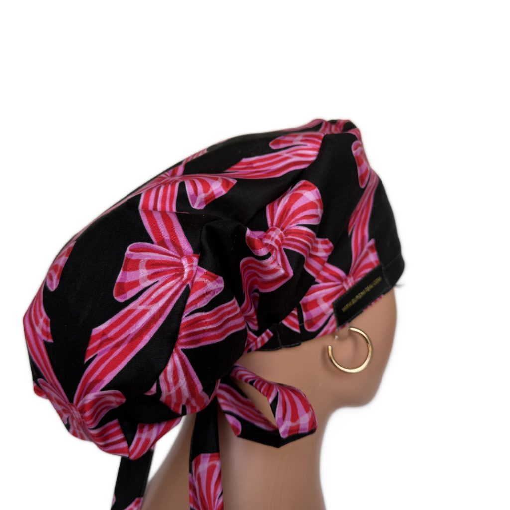 Ponytail Medical Scrub Cap – Sateen Lined - Festive Bows/Pink - Image 6