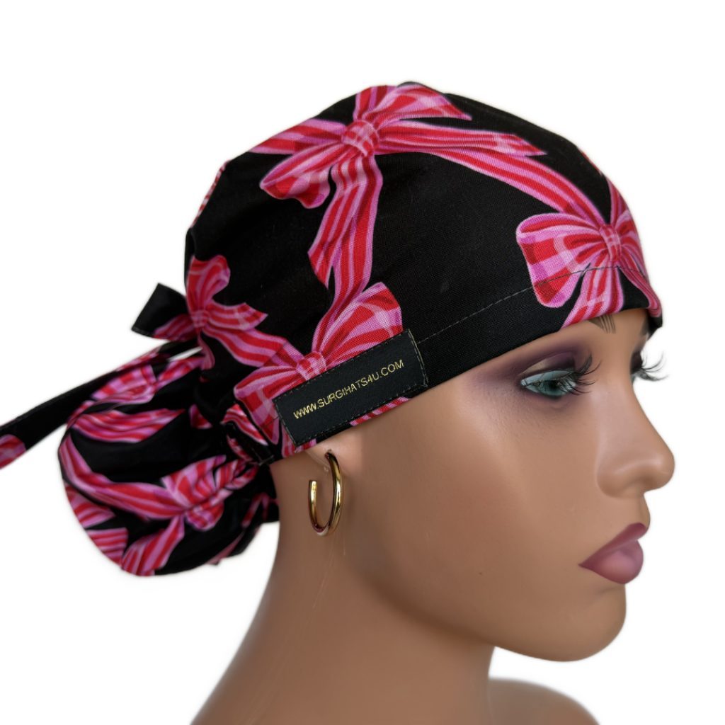 Ponytail Medical Scrub Cap – Sateen Lined - Festive Bows/Pink - Image 7