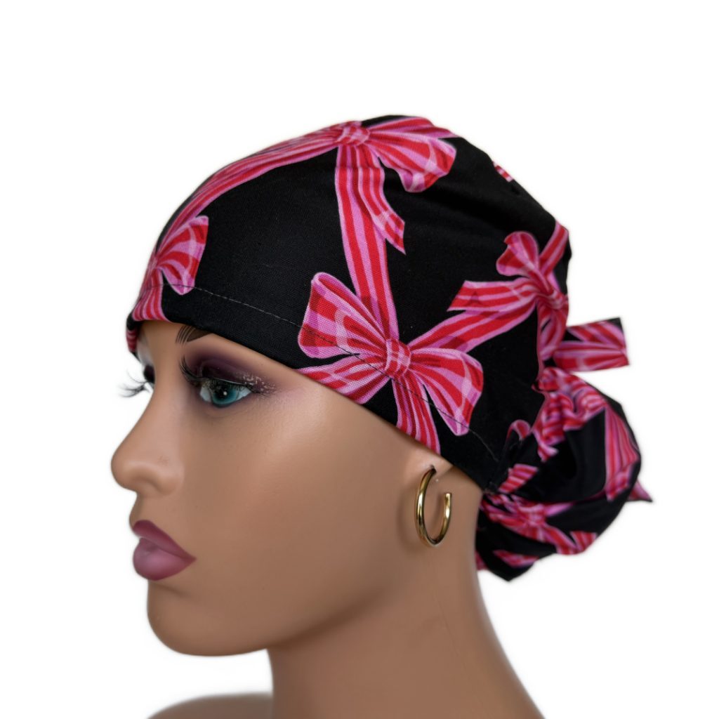 Ponytail Medical Scrub Cap – Sateen Lined - Festive Bows/Pink - Image 8