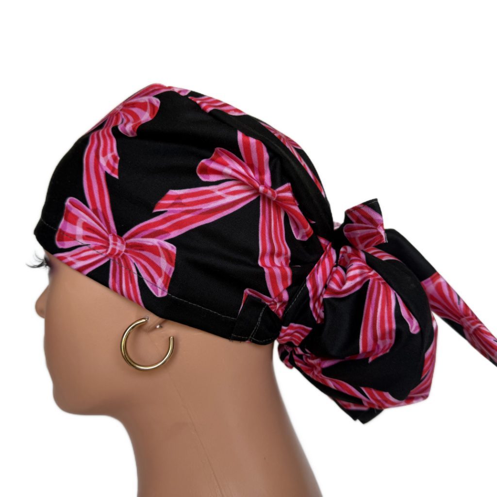 Ponytail Medical Scrub Cap – Sateen Lined - Festive Bows/Pink - Image 9