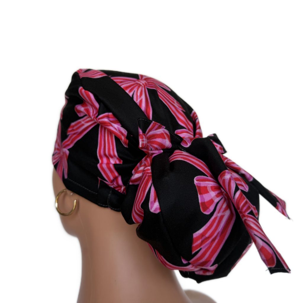 Ponytail Medical Scrub Cap – Sateen Lined - Festive Bows/Pink - Image 10