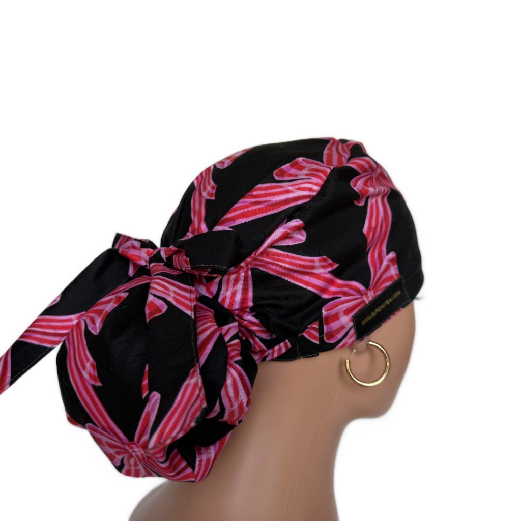 Ponytail Medical Scrub Cap – Sateen Lined - Festive Bows/Pink - Image 11