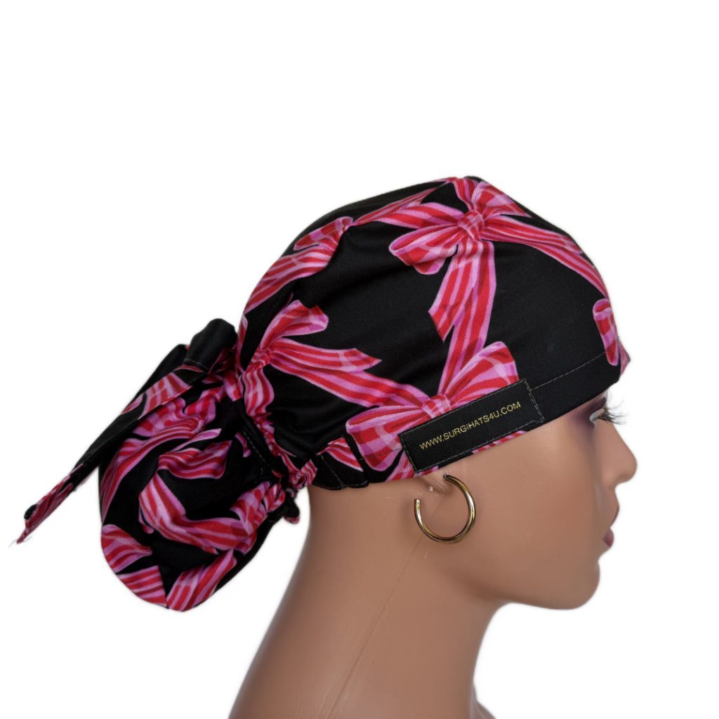 Ponytail Medical Scrub Cap – Sateen Lined - Festive Bows/Pink - Image 12