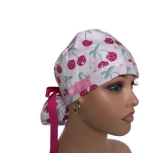 Turn Up Ponytail Medical Scrub Cap - Disco Cherries