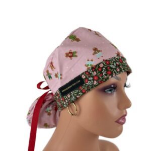 Turn Up Ponytail Medical Scrub Cap-Christmas Cookies and Flowers (Green)