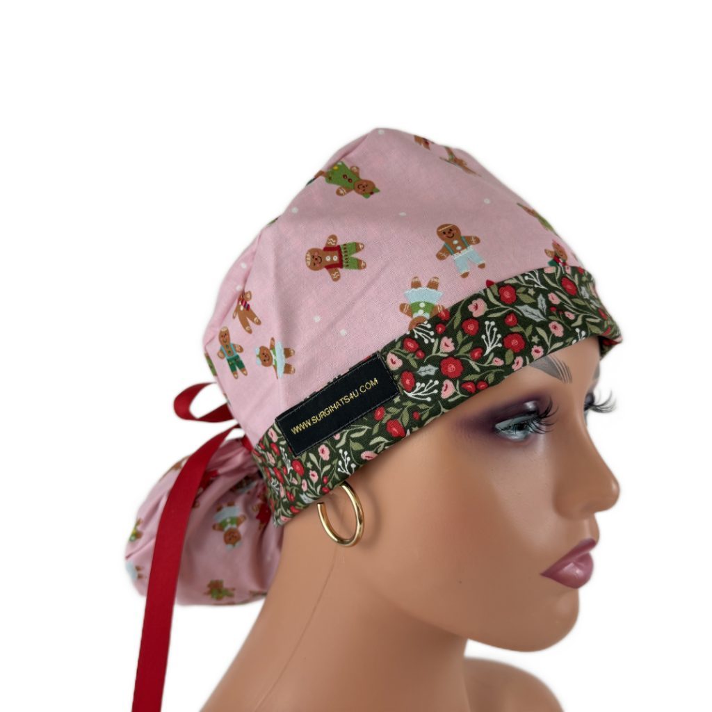 Turn Up Ponytail Medical Scrub Cap-Christmas Cookies and Flowers (Green)