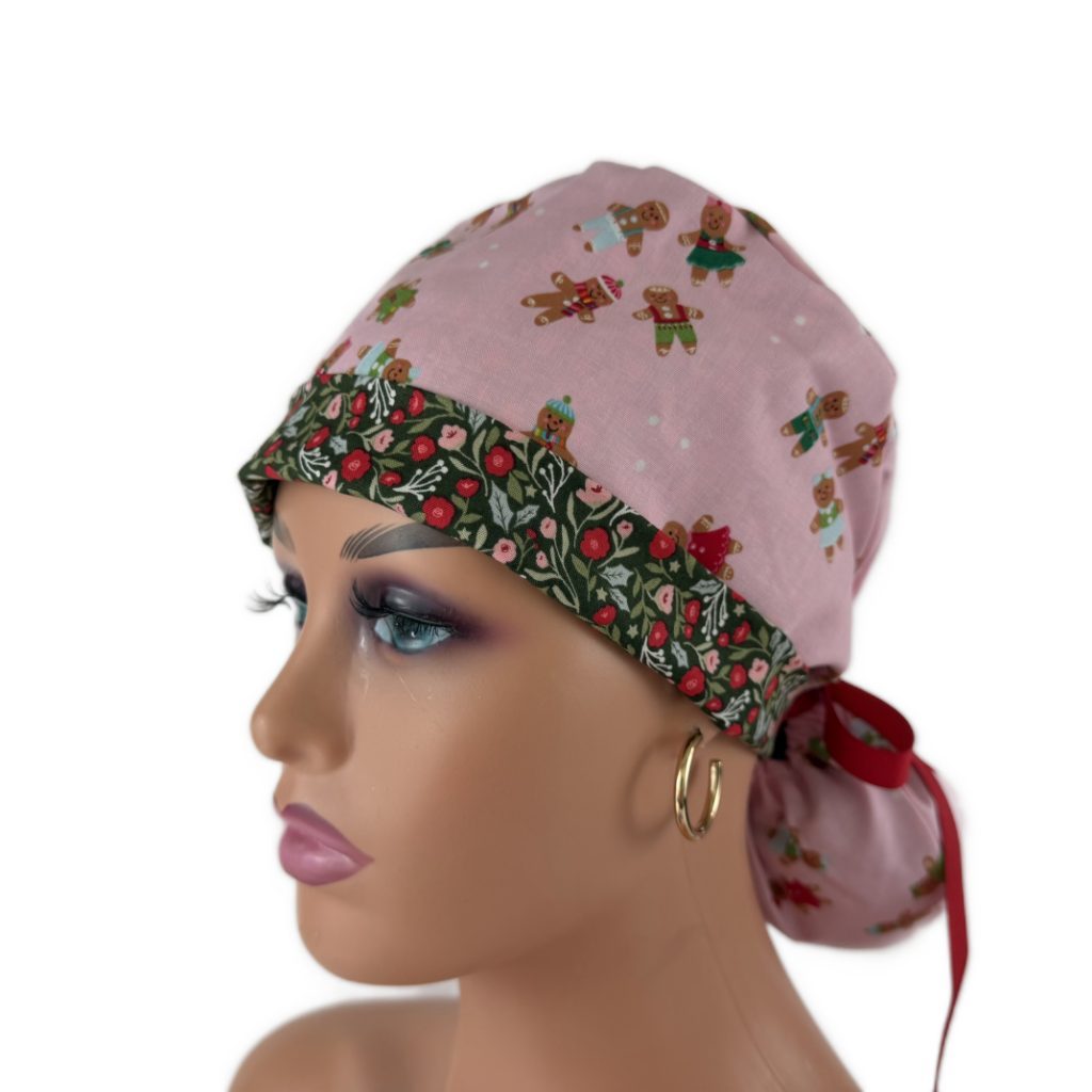 Turn Up Ponytail Medical Scrub Cap-Christmas Cookies and Flowers (Green) - Image 2