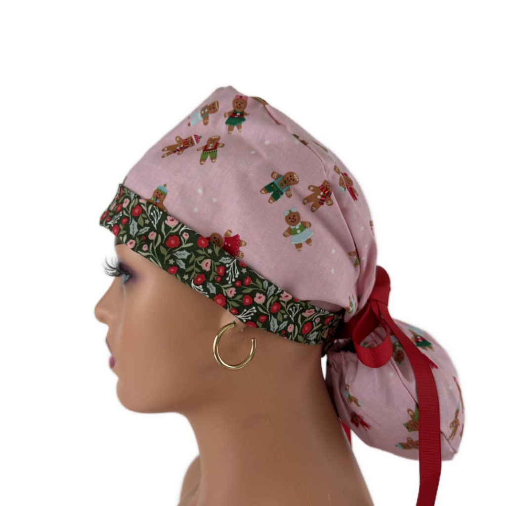 Turn Up Ponytail Medical Scrub Cap-Christmas Cookies and Flowers (Green) - Image 3