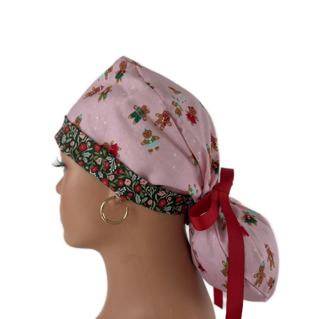 Turn Up Ponytail Medical Scrub Cap-Christmas Cookies and Flowers (Green) - Image 4