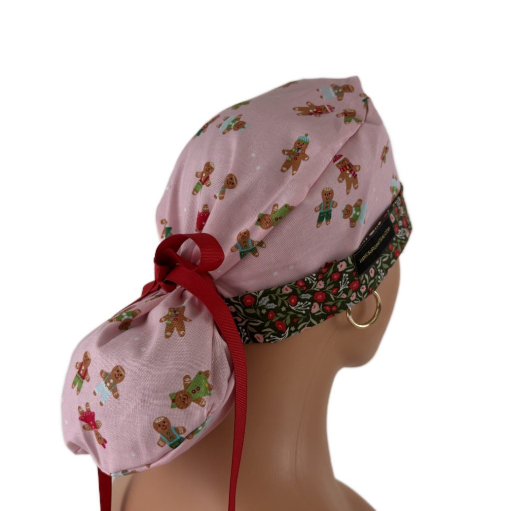 Turn Up Ponytail Medical Scrub Cap-Christmas Cookies and Flowers (Green) - Image 6