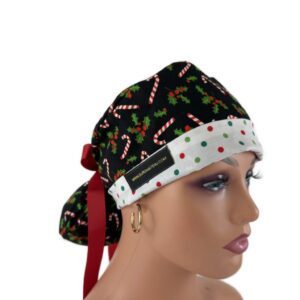 Turn Up Ponytail Medical Scrub Cap-Candy Canes and Dots