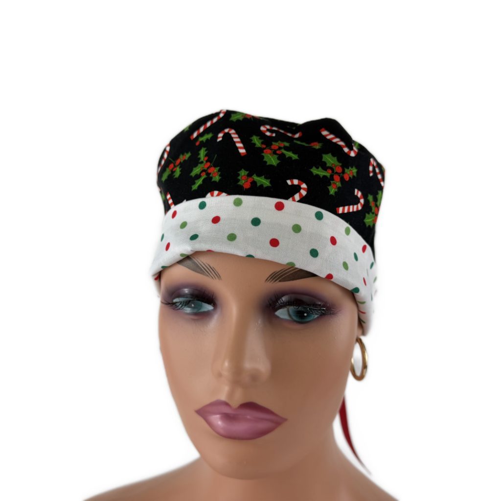 Turn Up Ponytail Medical Scrub Cap-Candy Canes and Dots - Image 2