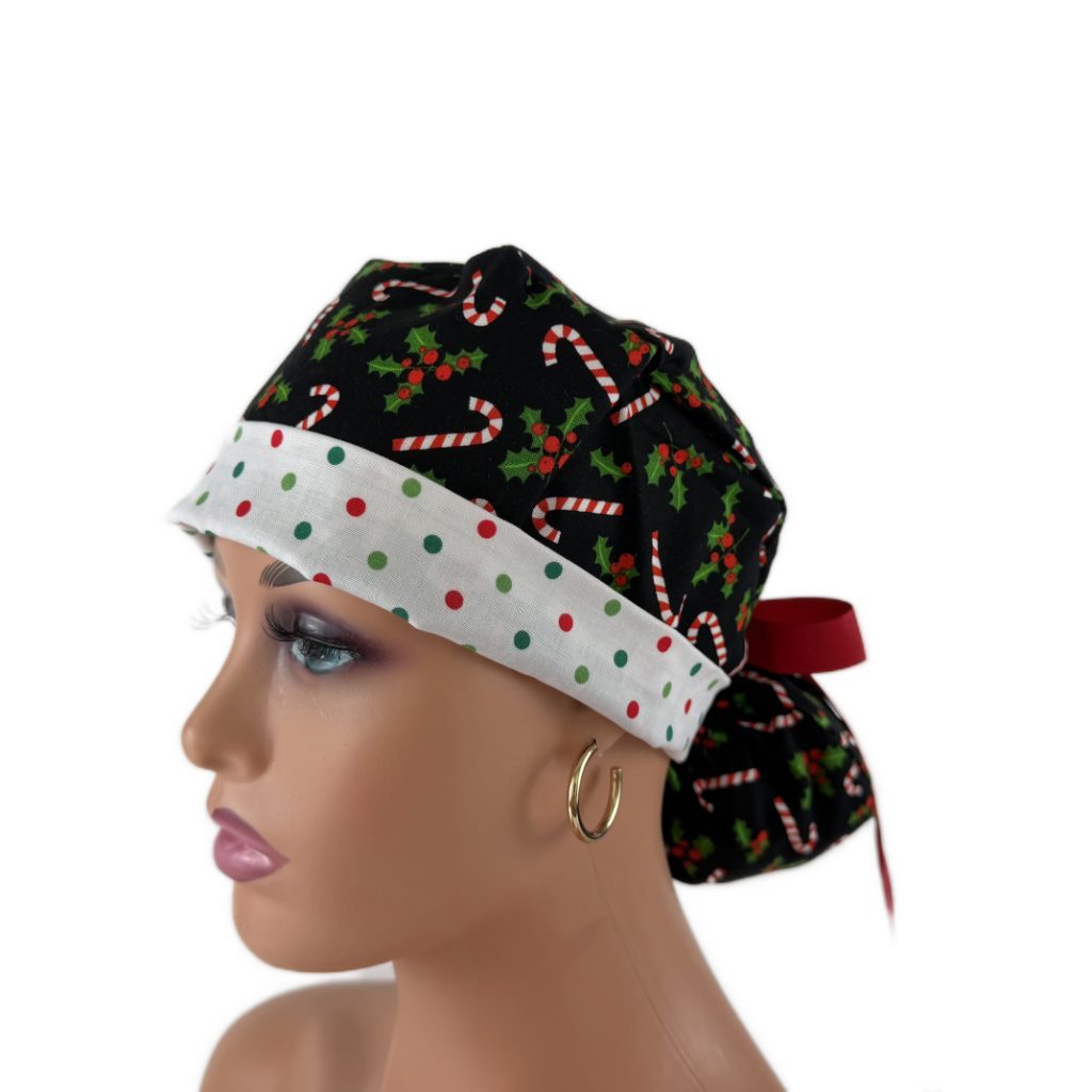 Turn Up Ponytail Medical Scrub Cap-Candy Canes and Dots - Image 3