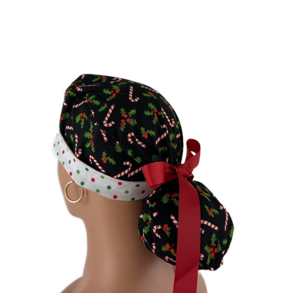Turn Up Ponytail Medical Scrub Cap-Candy Canes and Dots - Image 4