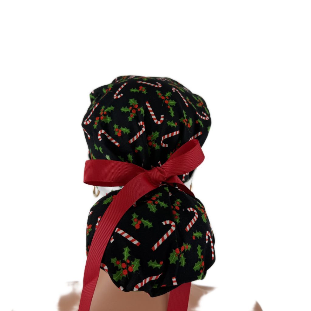 Turn Up Ponytail Medical Scrub Cap-Candy Canes and Dots - Image 5