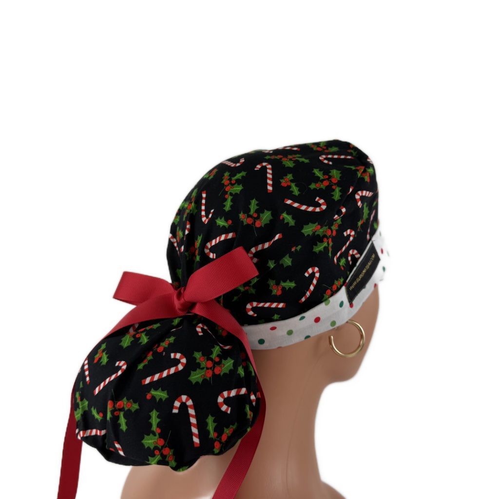 Turn Up Ponytail Medical Scrub Cap-Candy Canes and Dots - Image 6